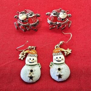 Christmas Holiday Earrings 2 Sets Dangling Snowman & Mr. & Mrs. Claus Posts